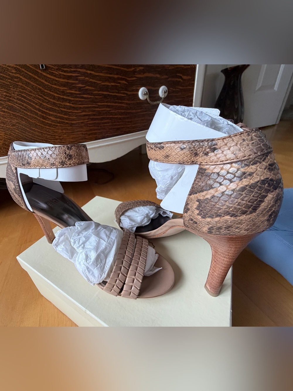 Coach Beige Woven Leather Ankle Strap Heel
